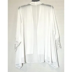 Anthropologie Ivory Sheer Kimono Cardigan Size L Crochet Lace Sleeve Fringe Boho thumbnail 3