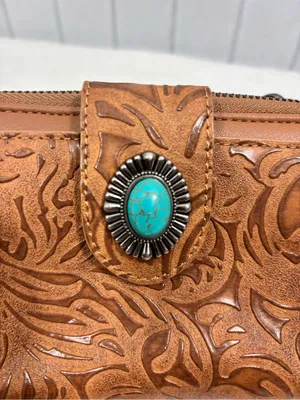 LAVAWA Tooled Brown Leather Crossbody Wallet with Turquoise Accent thumbnail 6
