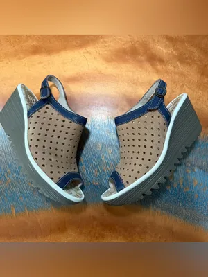 Fly London Yile taupe Navy perforated suede wedge sling back sandals size 36 thumbnail 2