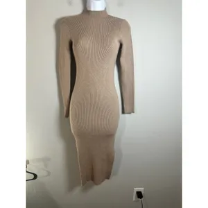 Dress Forum Tan Ribbed Mock Neck Long Sleeve Midi Bodycon Sweater Dress FW4770PB thumbnail 3