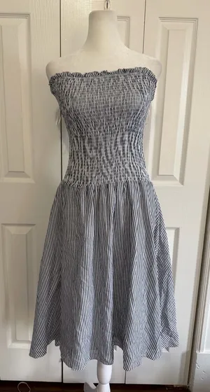 English Factory Smocked Strapless Striped Midi Dress Black/White Medium thumbnail 1
