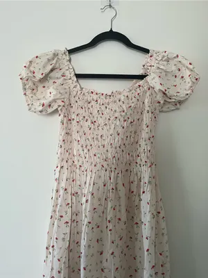 Cream Red Ditsy Floral Print Cottagecore Milkmaid Puff Sleeve Midi Dress Medium thumbnail 2