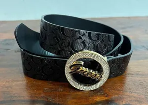 GUESS Womens Belt Black Embossed Logo Gold Rhinestone‎ Buckle Size S thumbnail 1