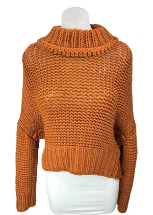 Free People My Only Sunshine Orange Open Knit Crochet Long Sleeve Sweater Top S thumbnail 1