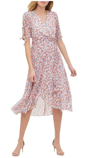 NWT Tommy Hilfiger Sleeve Surplice Midi Dress Ivory Off White / Grenadine Red 12 thumbnail 1