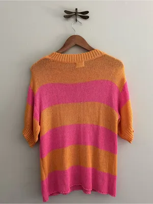 Bibi Orange & Pink Striped Knit Short Sleeve Sweater Medium thumbnail 5