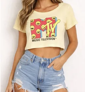 MTV Graphic Tee Women's Large Butter Yellow Ribbed Smiley Face Y2K‎ Retro Music thumbnail 1