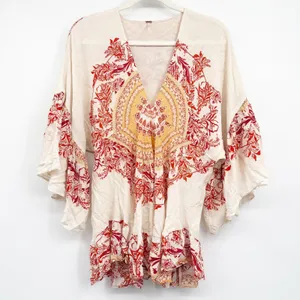 Free People Womens Sunset Dream Printed Boho Hippie Bell Sleeve Tunic Top Size S thumbnail 1