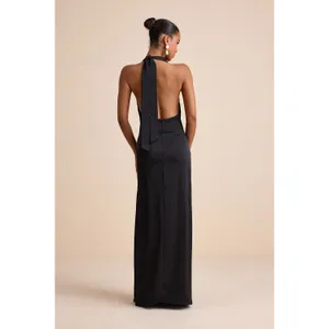 NWT Lulus Carmelo Black Satin Halter Neck Backless Maxi Dress Holiday Party Sz S thumbnail 3