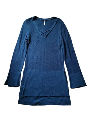 Free People Criss Cross Sweater Tunic Navy Blue Knit Linen Blend Size M Medium thumbnail 2