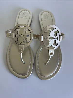 Tory‎ Burch Women's Miller Sandals Metallic Gold Logo Slides Thongs Leather thumbnail 2