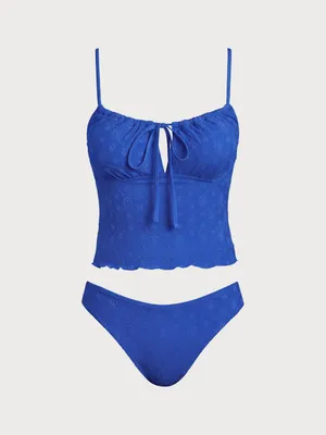 Samiol Blue Wave Cut Eyelets Tie Front Tankini Set Size L thumbnail 6