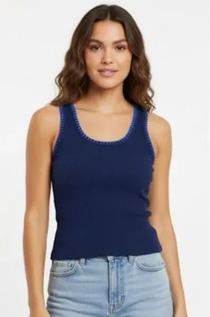 J Crew‎ Top Womens XXS Navy Blue Ribbed Knit Blanket Stitch Trim Tank CJ076 thumbnail 1