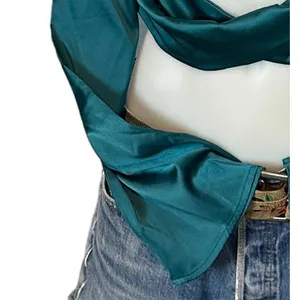 Revolve Teal Satin Crop Top SMALL Going Out Club Pirate Cut Out More to Come NEW thumbnail 7