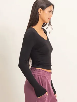 NEW Double Zero Black Scoop Neck Long Sleeve Top – Large thumbnail 6