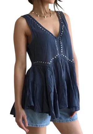 Abercrombie & Fitch Silver Sequins Dusty Blue Boho Babydoll Blouse M thumbnail 1