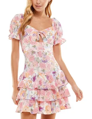NWT City Studios Juniors Tiered Tie-Bodice Dress Pink Multi 3 thumbnail 1