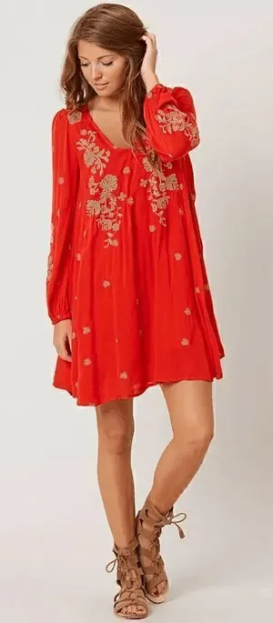Free People Sweet Tennessee Red Tan Embroidered Long Sleeve Dress thumbnail 1