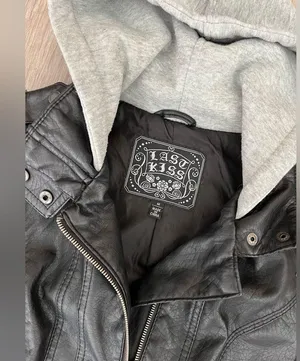 Last Kiss Y2K Black Leather Hybrid Gray Hooded Zip Moto Jacket Size Medium thumbnail 10