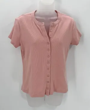 Universal Standard Universal Thread Top Womens XL Pink Rib Knit Button Front Tee Fitted Short Slv thumbnail 1