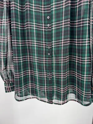 Ann Taylor sheer button front plaid puff sleeve top L professional office casual thumbnail 8