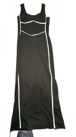 BTFBM Black Maxi Dress Contrast Binding White Piping Sleeveless Slit Size L thumbnail 1