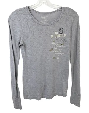 American Eagle Medium Top VTG‎ Y2K Grey Slub Long Sleeve Graphic Beaded 1436 thumbnail 1