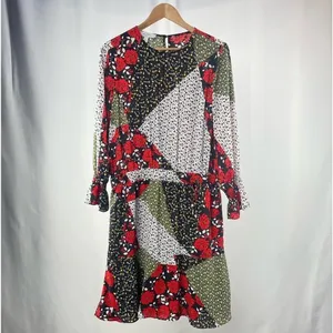 Libby Edelman Patchwork Long Sleeve Dress in Multi‎ Size Large Red thumbnail 4