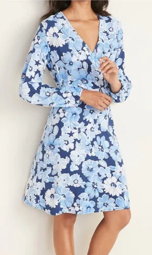 NWOT Old Navy Blue Floral Long Sleeve Defined Waist Faux Wrap Mini Dress Large thumbnail 1