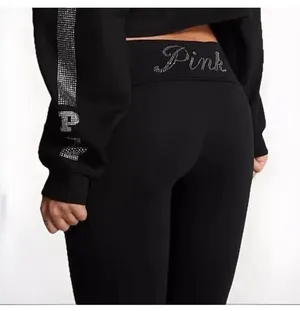 PINK Victorias Secret Rhinestone Bling Black Leggings Flare Leg Foldover Script thumbnail 7
