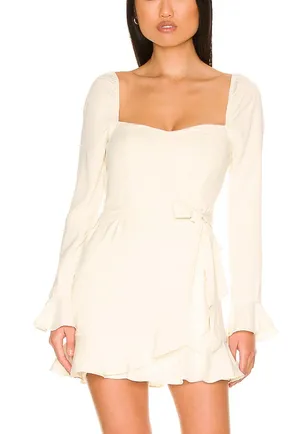 Revolve White Mini Wrap Dress MEDIUM Romantic Ruffle Bridal More to Come $84 NEW thumbnail 1