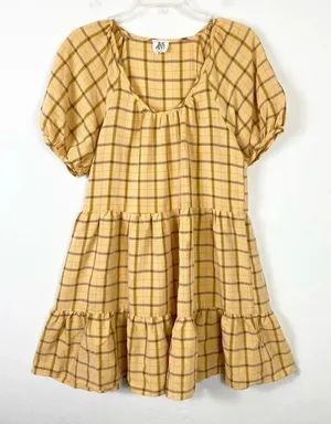 Dra Los Angeles Yellow & Grey Plaid Puff Sleeve Tiered Cottagecore Mini Dress thumbnail 1