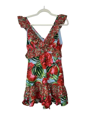 FARM Rio Watermelon Flowers Mini Dress Red Multi Cotton Ruffle Size S thumbnail 3