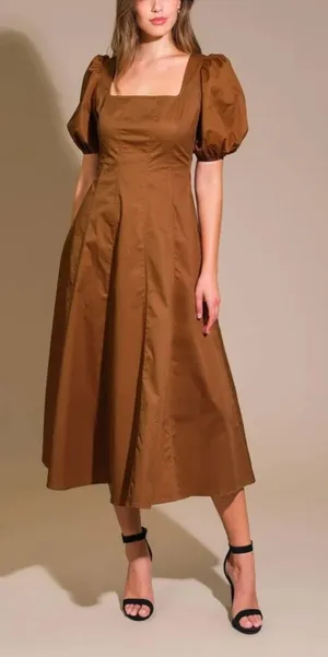 Flying Tomato Brown Square-Neck Midi Dress with Puff Sleeves size M thumbnail 1