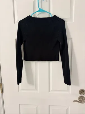 wild fable Black Ribbed Pearl-Button Cropped Cardigan thumbnail 4
