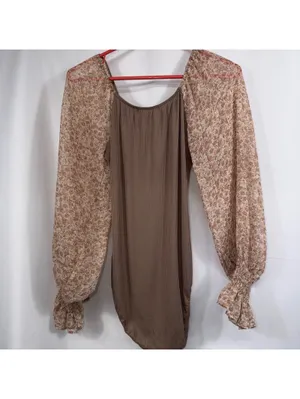 Blakeley Brown Ribbed Floral Puff Sleeve Bodysuit Size S/M thumbnail 7