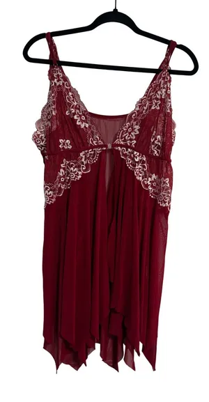 Babydoll Lingerie‎ Chemise Romantic Burgundy Lace Front Clasp Sheer Mesh thumbnail 1