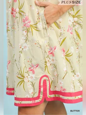 New!Umgee Plus Size Cotton Lined Butter Floral Puff Sleeve Dress Pink Size 1X thumbnail 4