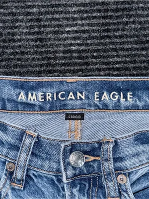 AE American Eagle 90s Straight Distressed Patched Jeans Strigid Denim Sz 00 R thumbnail 7