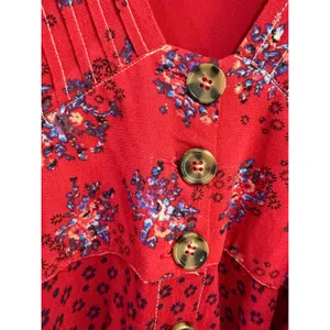 Free People Red Floral Mini Dress Long Sleeve Button Down V-Neck Boho Small thumbnail 5