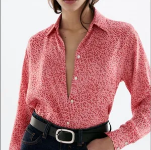 Zara Leopard Print Button-Up Blouse- Pink and Red- Button Cuffs- Size Small thumbnail 1