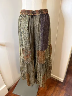 Young Threads Boho Tiered Patchwork Pants in Olive Multi Sz L thumbnail 2