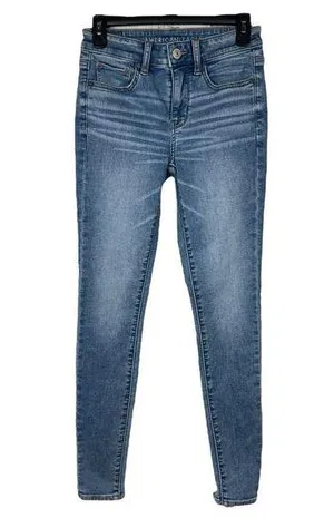 American Eagle SZ 4 LONG Hi-Rise Jegging Jeans Soft Knit Chewed Hems Whiskered thumbnail 1