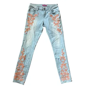 Alice + Olivia Floral Embroidered Skinny Jeans Orange Sorbet Size 30 thumbnail 2