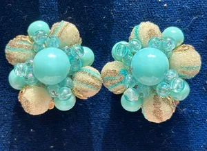 Vintage Earrings Hong Kong Aqua White Gold Sugared Beads Clip On MCM thumbnail 1