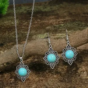 BJ Glamorous Vintage Style Floral Turquoise Gems Retro Necklace/Earring Set thumbnail 3