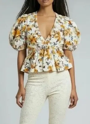 Abercrombie & Fitch Floral Linen Blend Peplum Babydoll Top Womens S Puff Sleeve‎ thumbnail 1