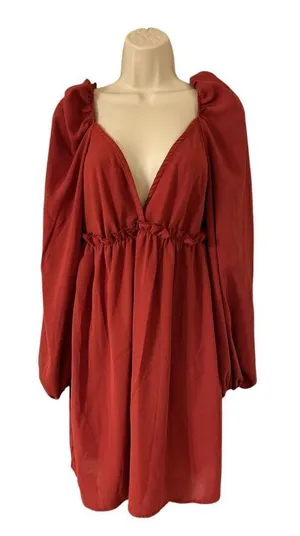 Missguided Women's Puff Sleeve Wrap Over Skater Dress Burgundy Size US:4 NWT thumbnail 1