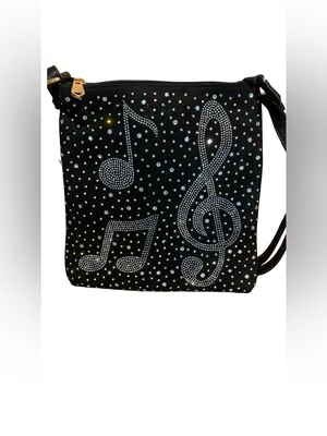 Musical Themed Rhinestone Embellished Black Faux Leather Crossbody Bag thumbnail 3