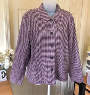 Vintage Purple checkered plaid gingham houndstooth button-up blazer jacket preppy old money retro jacket #coquette #twee Size L, measurements in pics thumbnail 2
